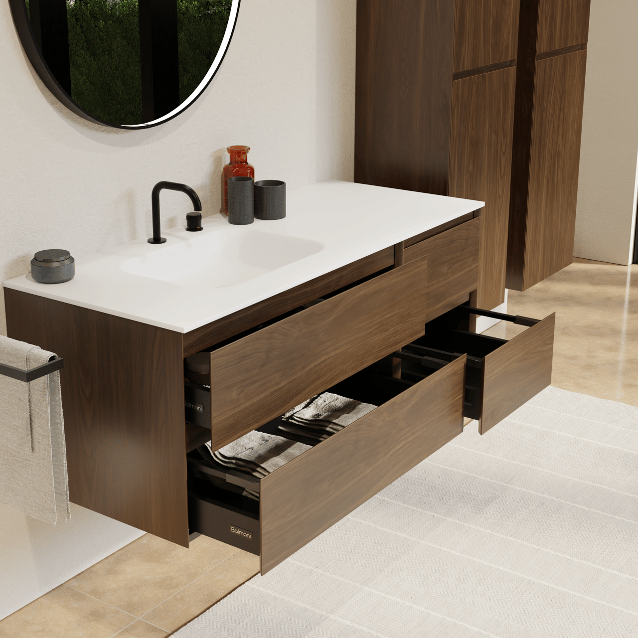 Balmani Mitra hängendes Möbelstück Set: 135 x 55 cm, Amerikanischer Nussbaum, mit Tablo Arcato Waschtisch links, Solid Surface Weiß matt