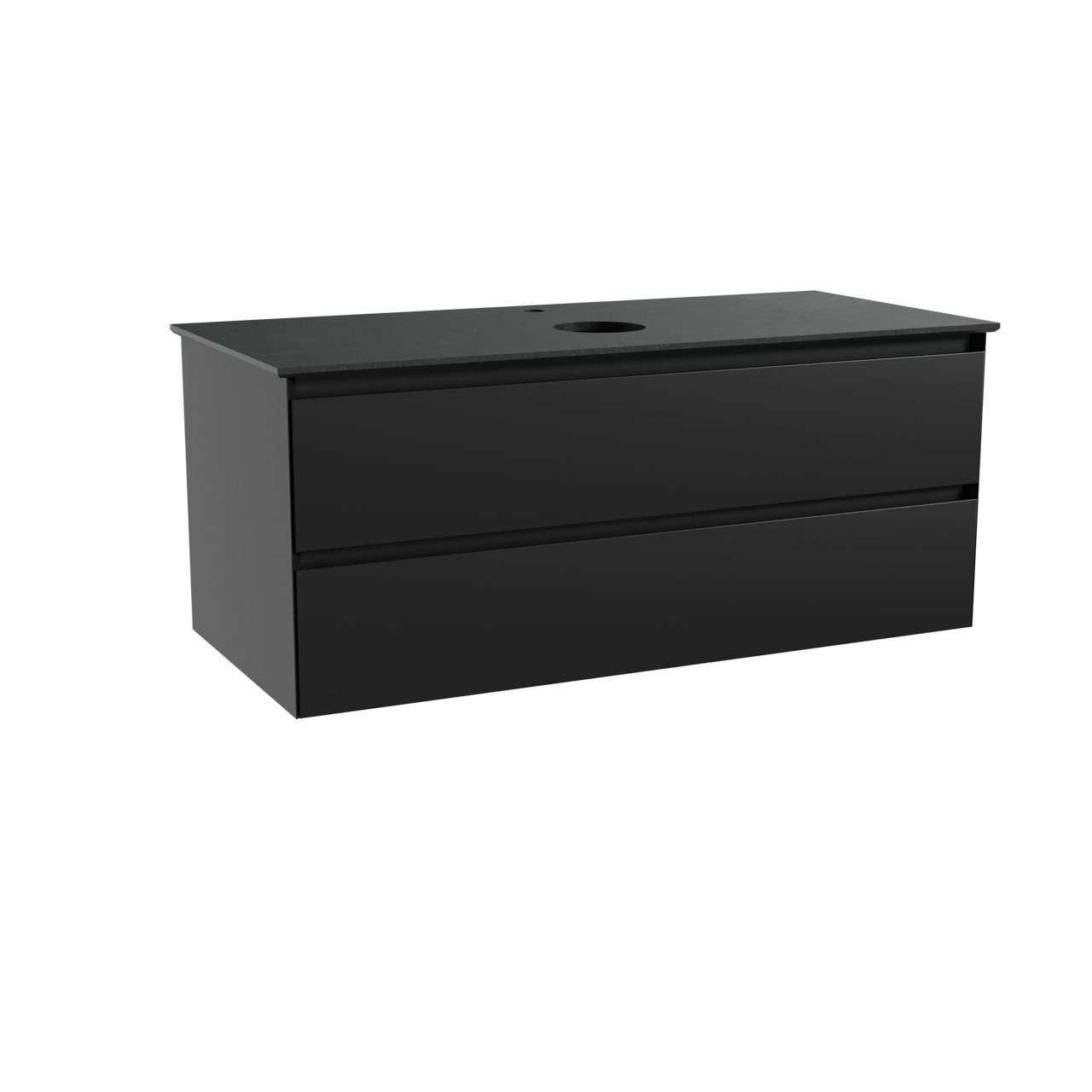 Balmani Mitra hängendes Möbelstück Set: 120 x 55 cm, Schwarz matt, mit Facetta Einzel Waschtischplatte, Schwarzes Granit