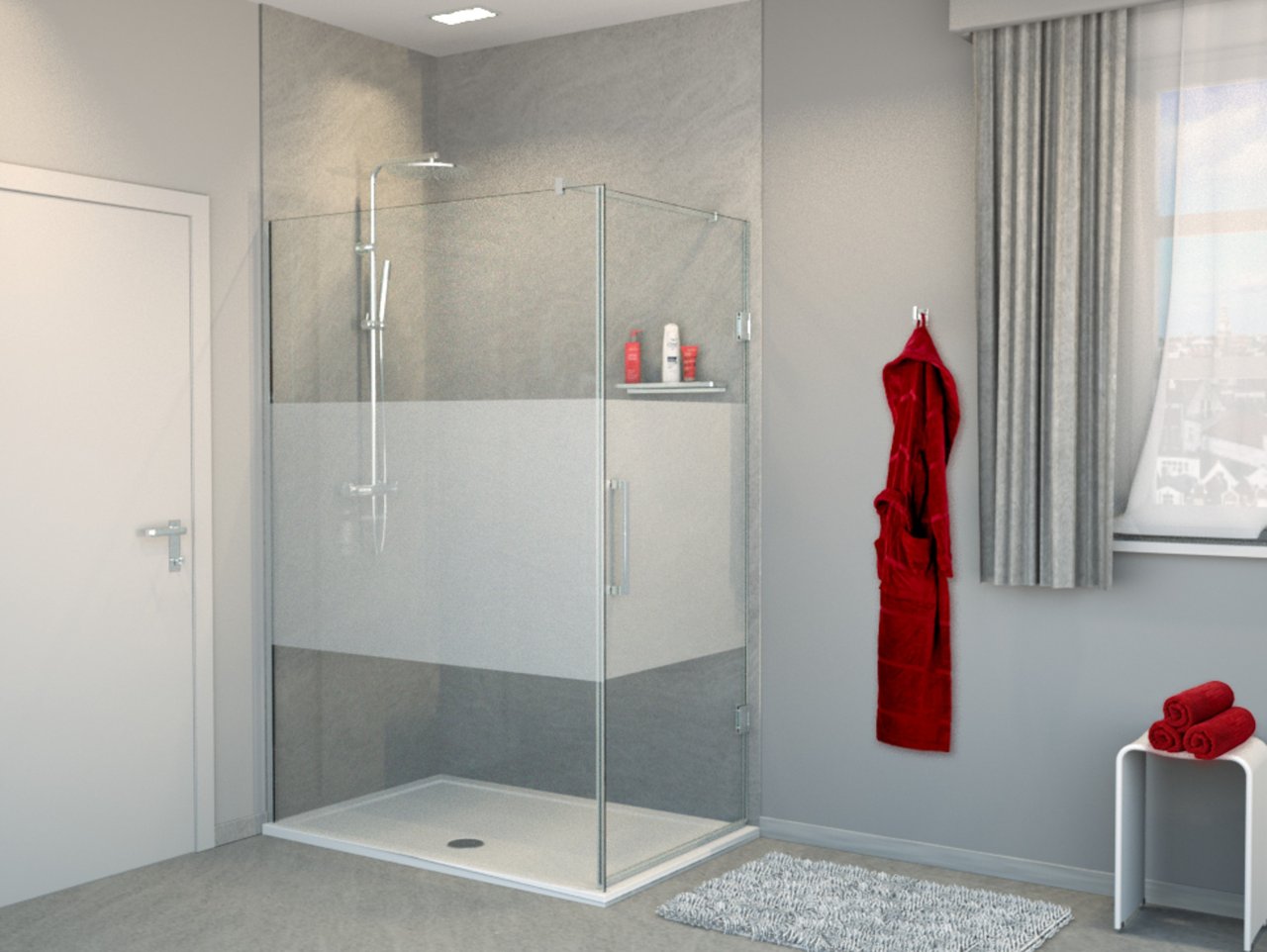 Balmani Modular douche de plain-pied avec porte droite 140 x 200 cm verre transparent avec bande matte profil chrome brillant