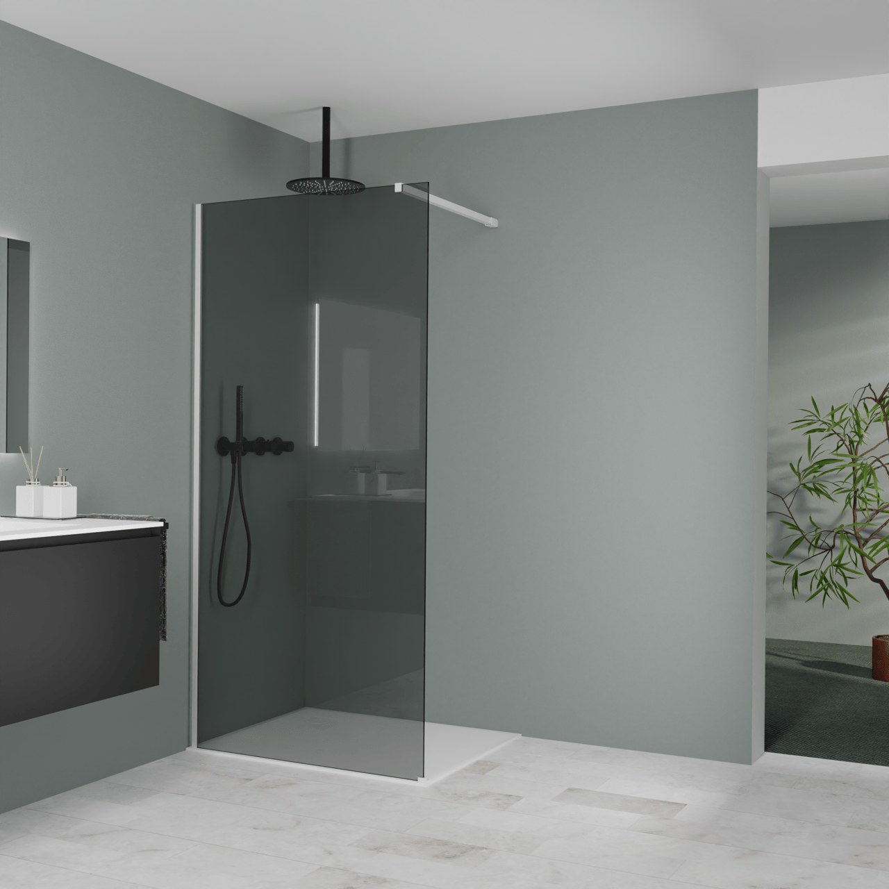 Balmani Modular Walk-In Dusche: 100 x 200 cm, Rauchglas, inklusive Coating, Profil Weiß matt