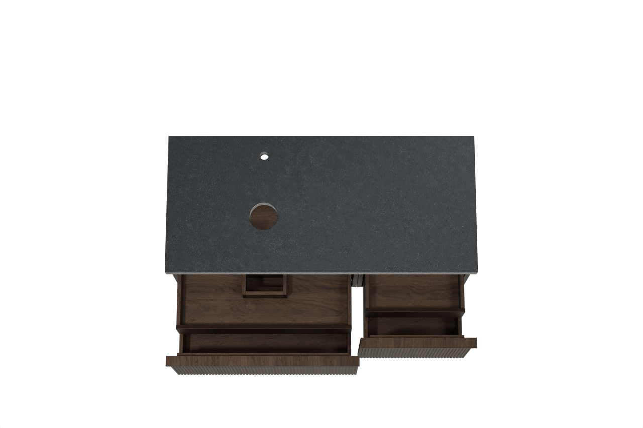 Balmani Forma hängendes Möbelstück Set: 120 x 55 cm, Geräucherte Eiche, mit Rock Waschtisch links, Granit, Schwarzes Granit, Vertikale symmetrische gerade Rippe
