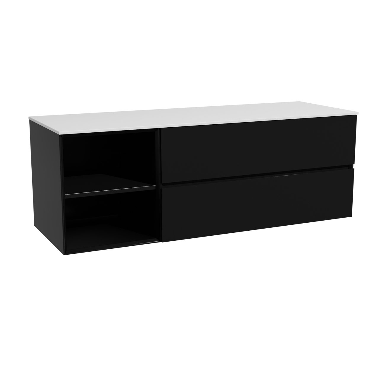 Storke Edge zwevend badmeubel 150 x 52 cm mat zwart met Tavola enkel of dubbel wastafelblad in solid surface mat wit