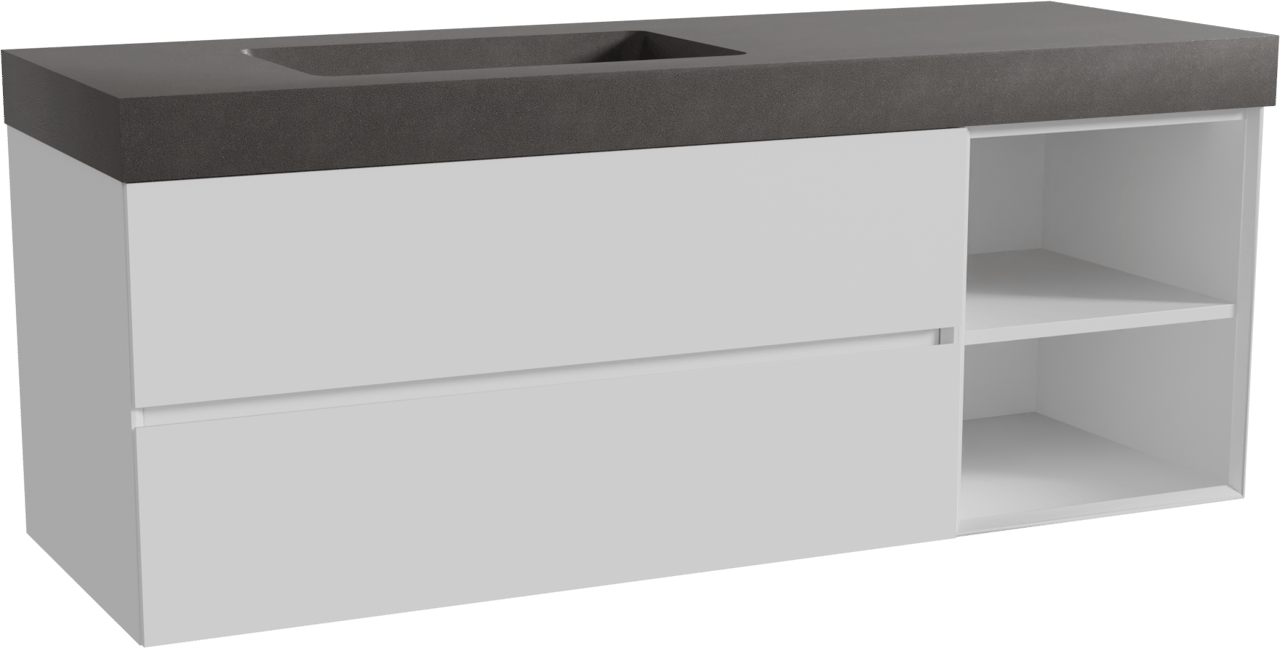 Storke Edge zwevend badmeubel 150 x 52 cm mat wit met Scuro High asymmetrisch linkse wastafel in kwarts mat zwart