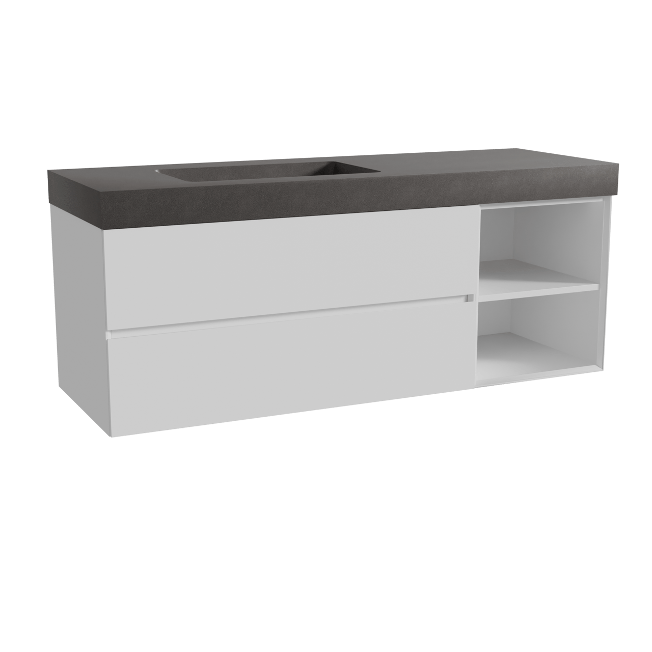 Storke Edge meuble salle de bains suspendu 150 x 52 cm blanc mat avec Scuro High plan vasque asymétrique à gauche en quartz noir mat