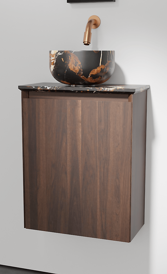 Balmani Mitra meuble wc suspendu 42 x 21 cm noyer américain avec Facetta tablette et Bowl vaque à poser en marbre Portoro Gold