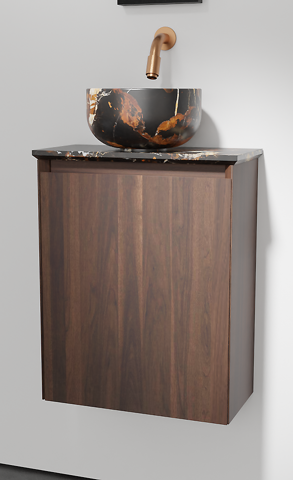 Balmani Mitra meuble wc suspendu 42 x 21 cm noyer américain avec Facetta tablette et Bowl vaque à poser en marbre Portoro Gold