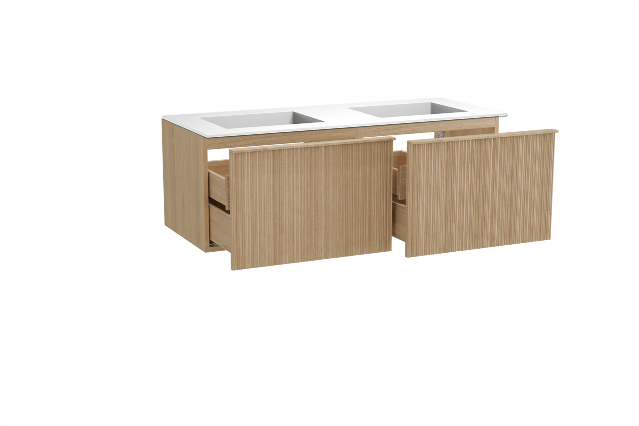 Balmani Forma zwevend badmeubel 135 x 55 cm naturel eiken met Tablo Stretto dubbele wastafel in solid surface mat wit, Verticale asymmetrische ronde ribbel