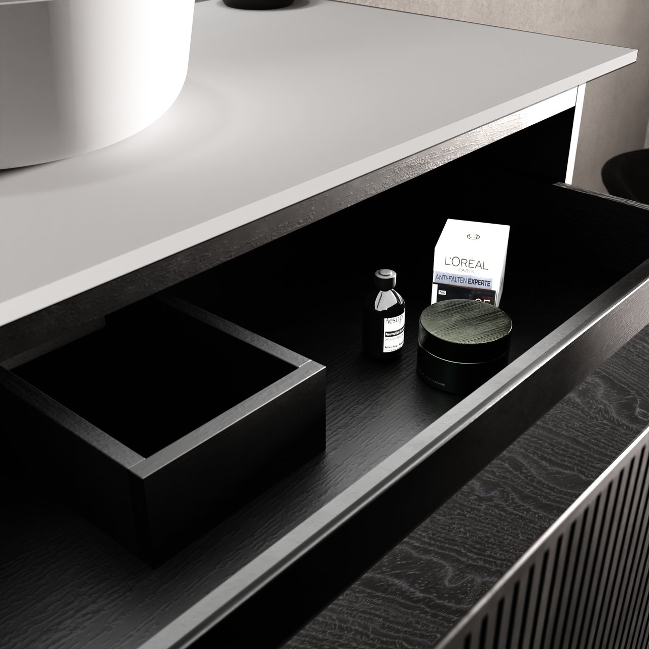 Balmani Forma meuble salle de bains suspendu 120 x 55 cm chêne noir avec Tablo Arcato lavabo simple pour 2 trous de robinet en solid surface blanc mat, Nervure droite symétrique verticale