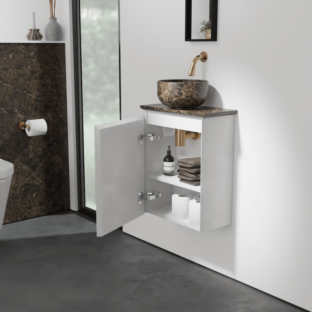 Balmani Mitra meuble wc suspendu 42 x 21 cm blanc mat avec Facetta tablette et Bowl vaque à poser en marbre Dark Emperador