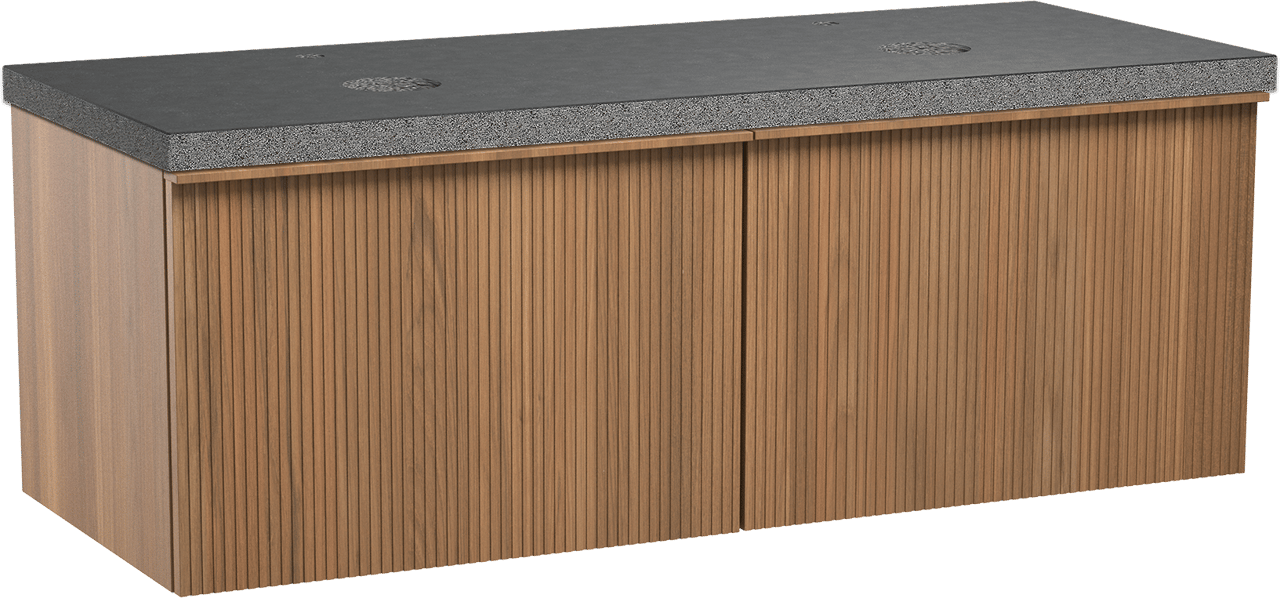 Balmani Forma hängendes Möbelstück Set: 135 x 55 cm, Teak, mit Rock Doppel Waschtischplatte, Granit, Schwarzes Granit, Vertikale symmetrische gerade Rippe