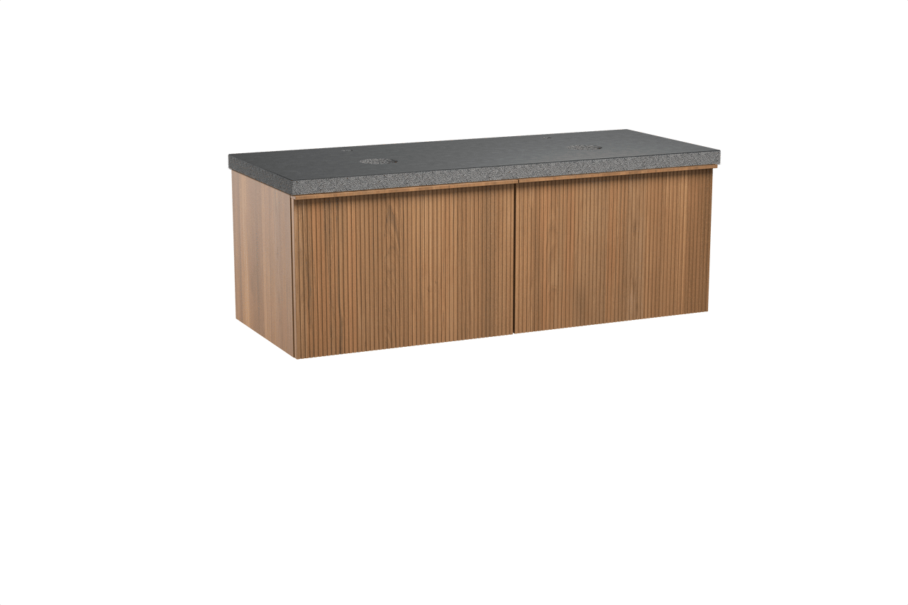 Balmani Forma hängendes Möbelstück Set: 135 x 55 cm, Teak, mit Rock Doppel Waschtischplatte, Granit, Schwarzes Granit, Vertikale symmetrische gerade Rippe