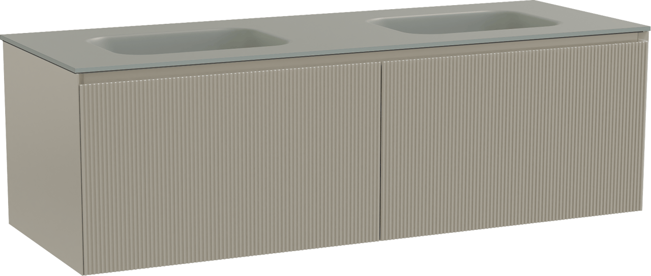 Balmani Fila zwevend badkamermeubel 150 x 55 cm steengrijs met Tablo Arcato dubbele wastafel in solid surface steengrijs, Verticale symmetrische rechte ribbel