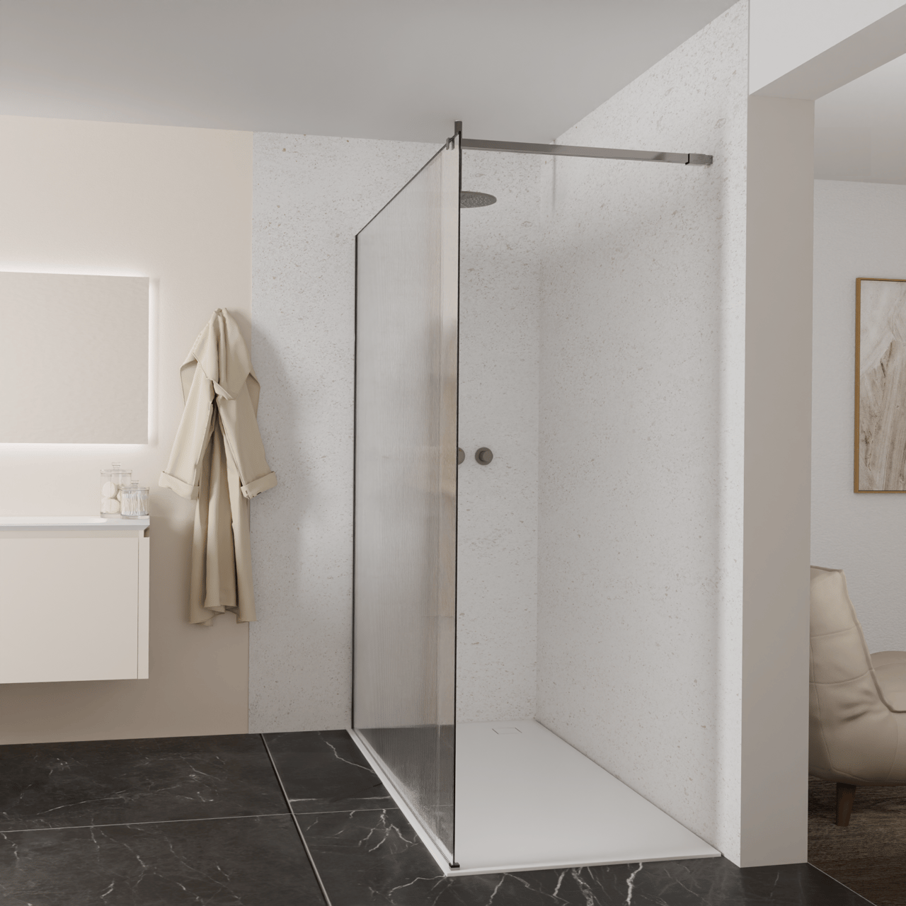 Balmani Modular inloopdouche: 180 x 200 cm, Ribs met coating, Brushed GunMetal profielen