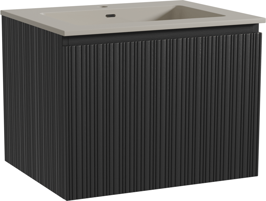 Storke Ribs zwevend badmeubel 65 x 52 cm zwart eiken met Diva enkele wastafel in top solid zijdegrijs, Verticale asymmetrische rechte ribbel