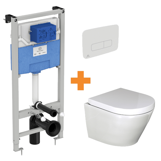 Luca Varess Calibro WC suspendu blanc brillant sans bride compact avec bâti-support et Ideal Standard Oleas M3 blanc mat plaque de commande gratuit