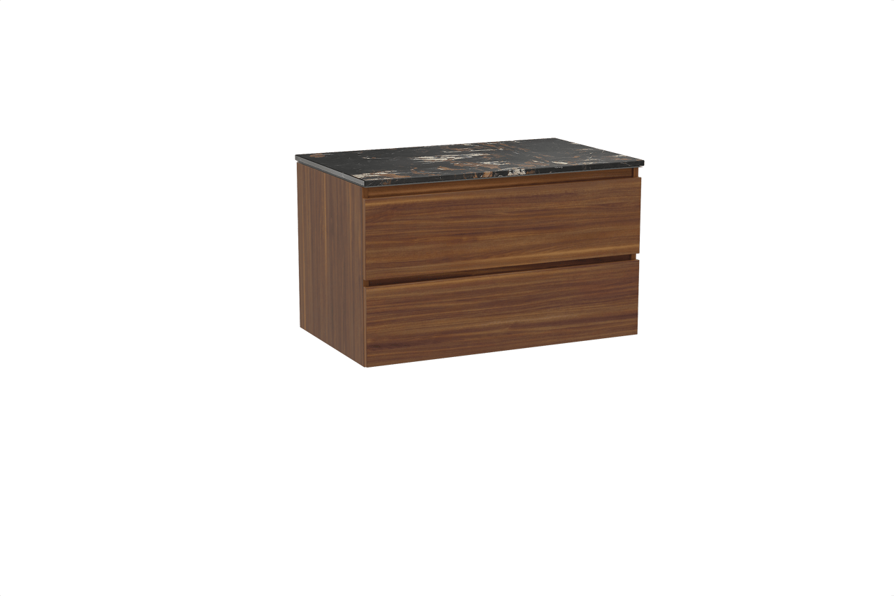 Balmani Lucida hängendes Möbelstück Set: 90 x 55 cm, Amerikanischer Nussbaum, mit Stretto Einzel Waschtischplatte, Marmor Portoro Gold