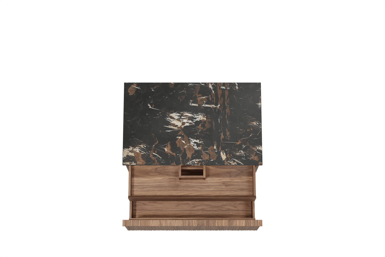 Balmani Forma zwevend badkamermeubel 90 x 55 cm amerikaanse notelaar met Stretto enkel tablet in marmer portoro gold, Verticale asymmetrische ronde ribbel