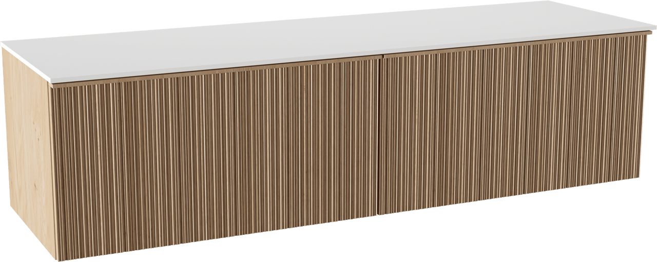 Balmani Forma zwevend badkamermeubel 180 x 55 cm natuur eik met Stretto enkel of dubbel tablet in solid surface mat wit, Verticale asymmetrische ronde ribbel