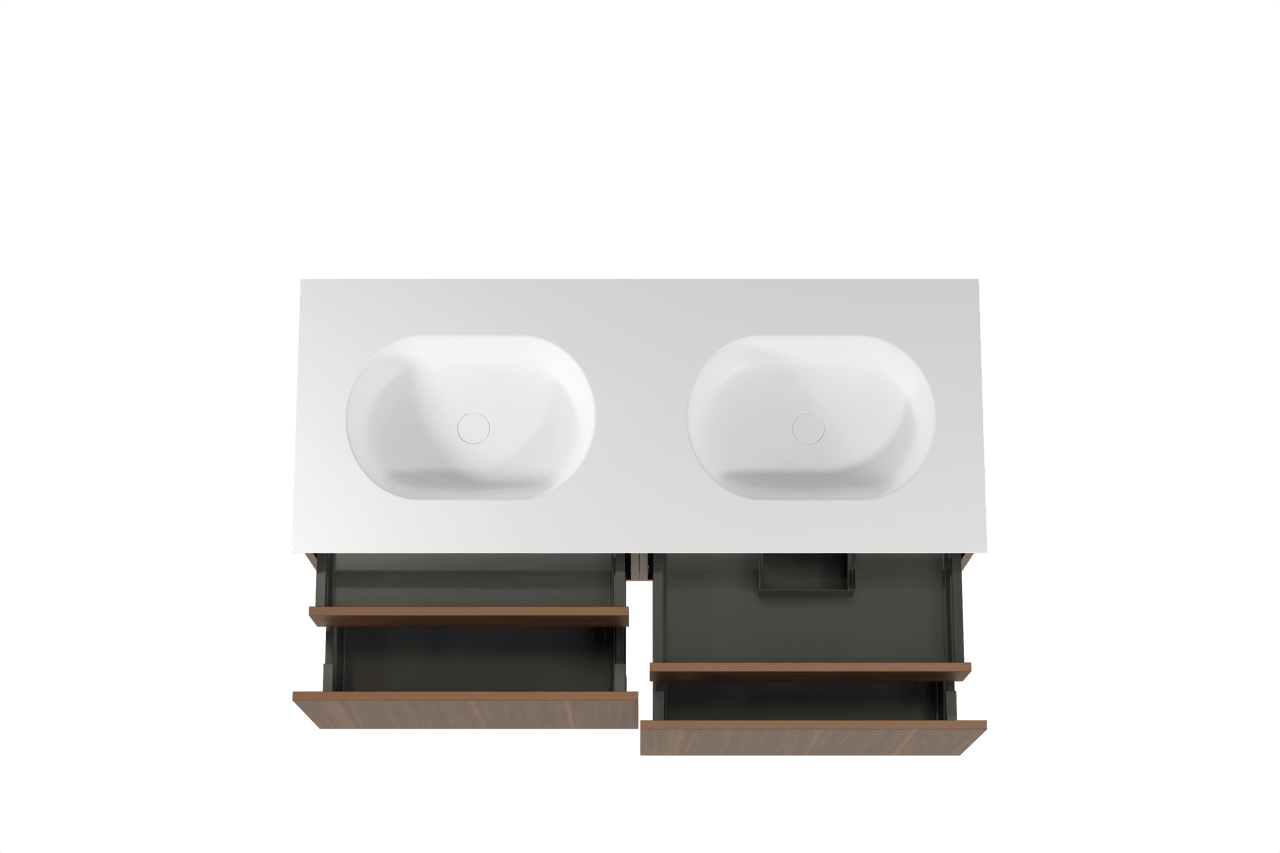 Balmani Sfera zwevend badkamermeubel 135 x 55 cm amerikaanse notelaar met Tablo Oval dubbele wastafel in solid surface mat wit