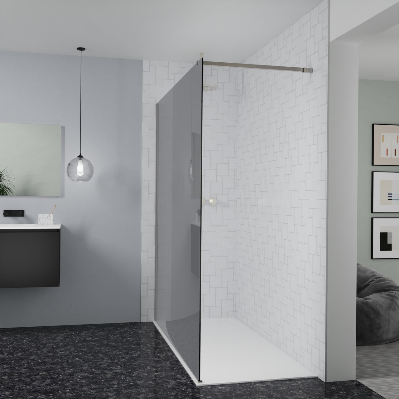 Balmani Modular Walk-In Dusche: 180 x 200 cm, Rauchglas, inklusive Coating, Profil Brushed CoolMetal
