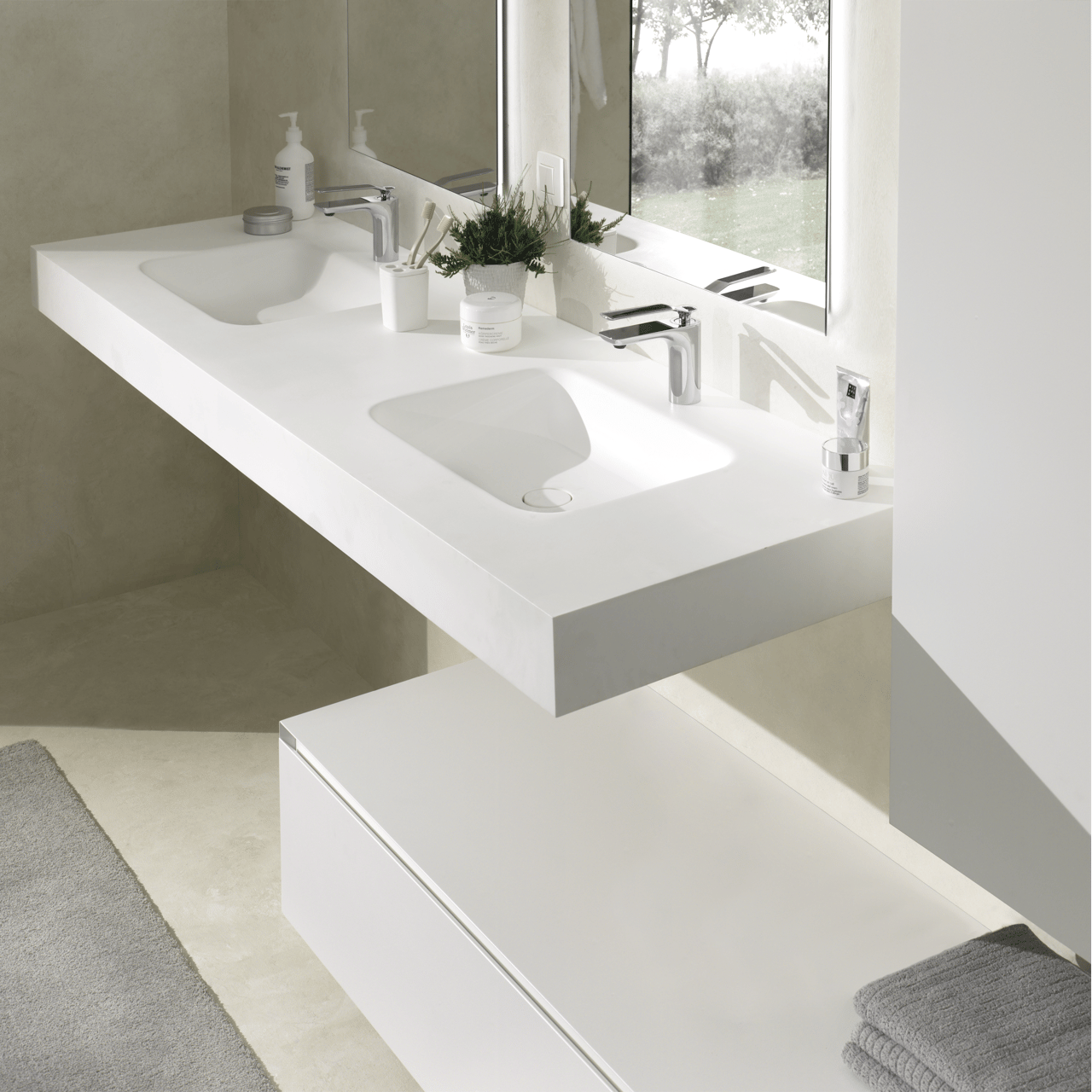 Balmani Arcato dubbele wastafel matte Solid Surface 150 x 55 cm, exclusief crepine