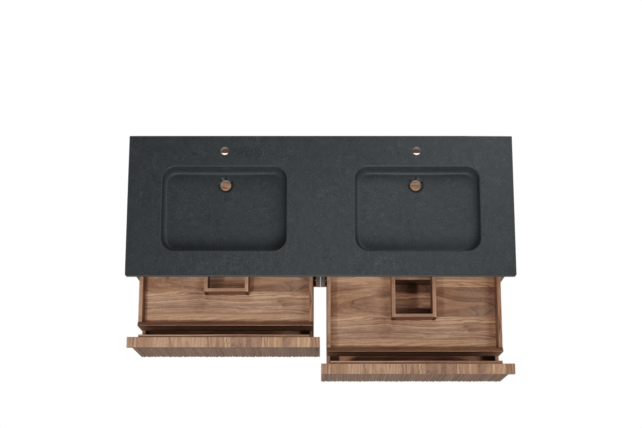 Balmani Forma zwevend badmeubel 150 x 55 cm amerikaans notenhout met Napoli dubbele wastafel in zwart graniet, Verticale asymmetrische ronde ribbel