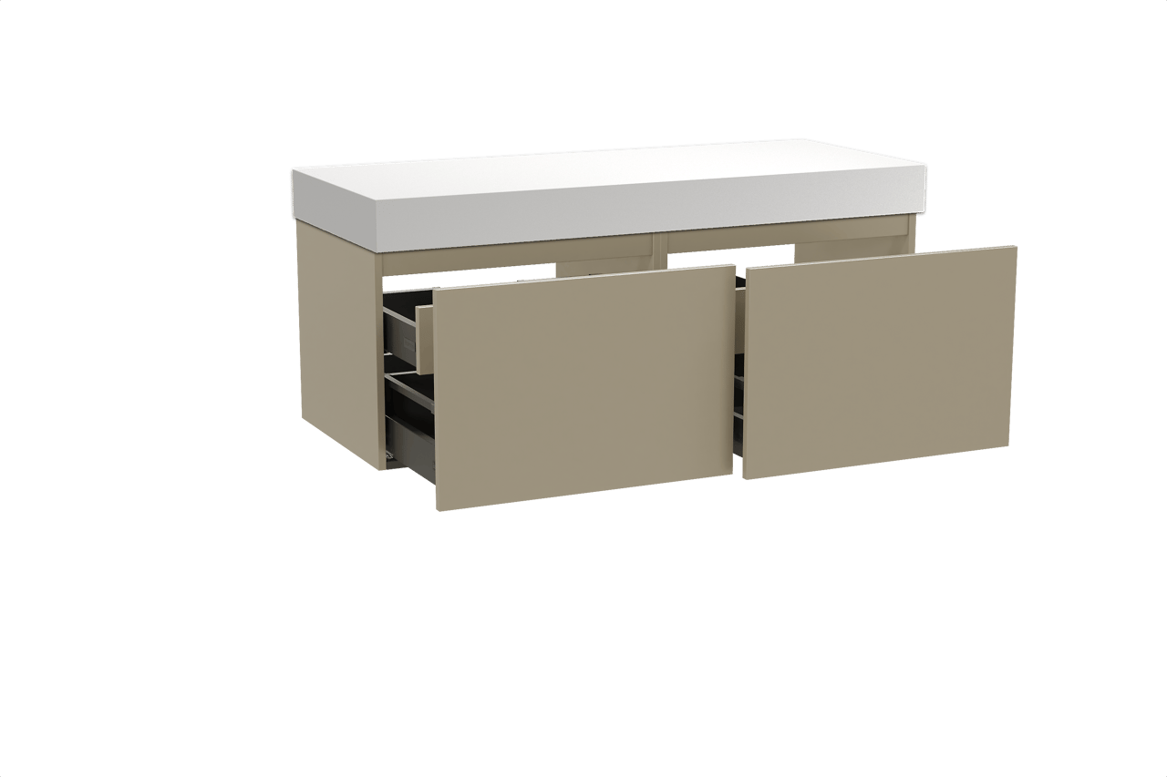 Balmani Sfera hängendes Möbelstück Set: 135 x 55 cm, Dune, mit Dominus Einzel- oder Doppel Waschtischplatte, Solid Surface Weiß matt