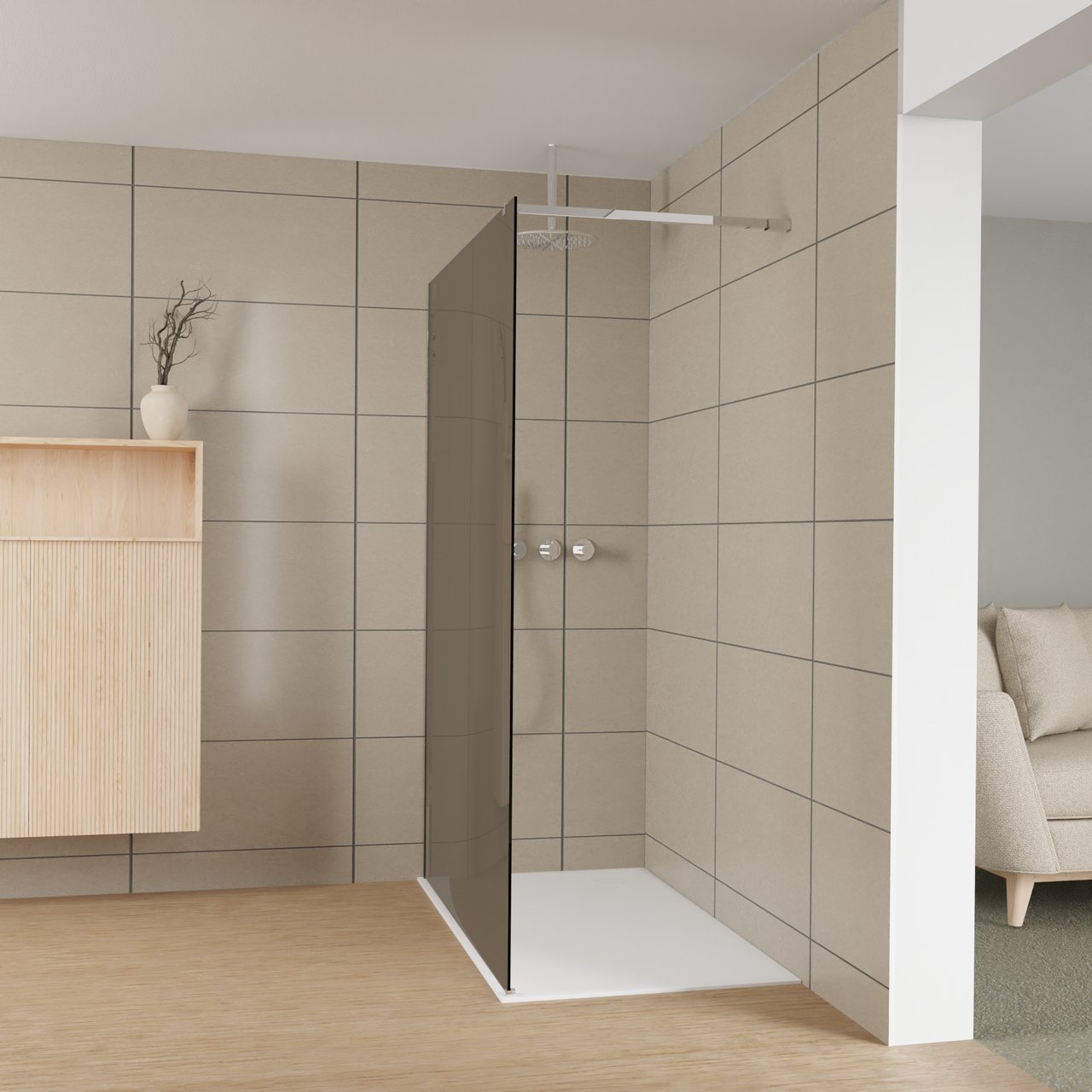 Balmani Modular douche à l'italienne: 140 x 200 cm, Verre fumé, avec coating, Profil Chrome brillant