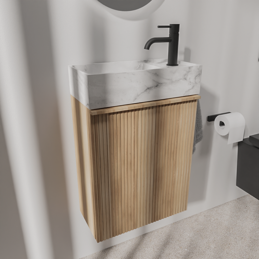 Balmani Forma meuble wc suspendu 42 x 21 cm chêne naturel avec Dama lavabo en marbre Carrara