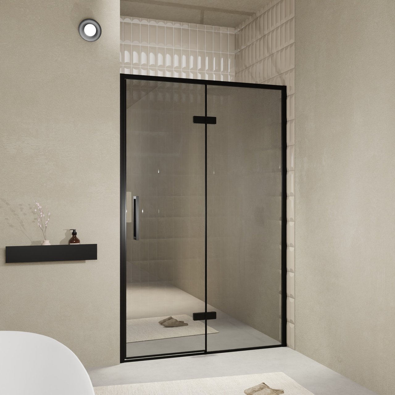 Balmani Senses Design porte pivotante à droite 140 cm x 210 cm verre Miroir Reflex, Profil noir, coating inclus