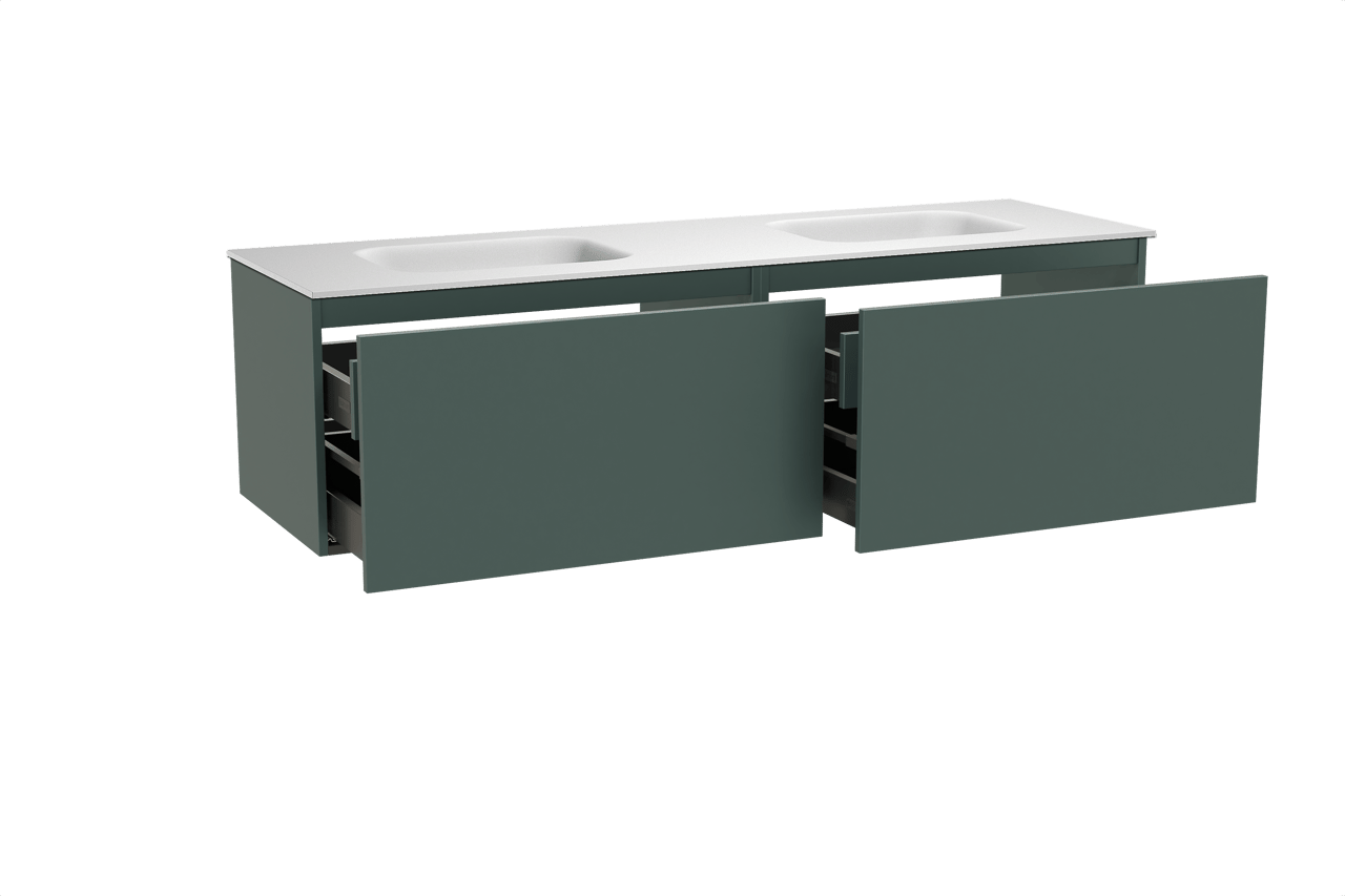 Balmani Sfera zwevend badkamermeubel 180 x 55 cm forest met Tablo Arcato dubbele wastafel in solid surface mat wit