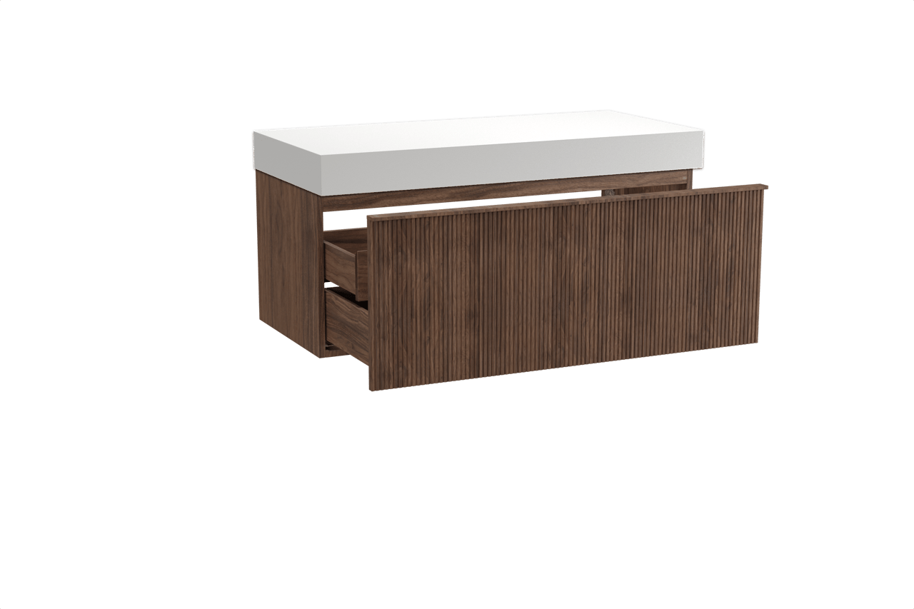 Balmani Forma hängendes Möbelstück Set: 120 x 55 cm, Amerikanischer Nussbaum, mit Dominus Einzel- oder Doppel Waschtischplatte, Solid Surface, Weiß matt, Vertikale symmetrische gerade Rippe