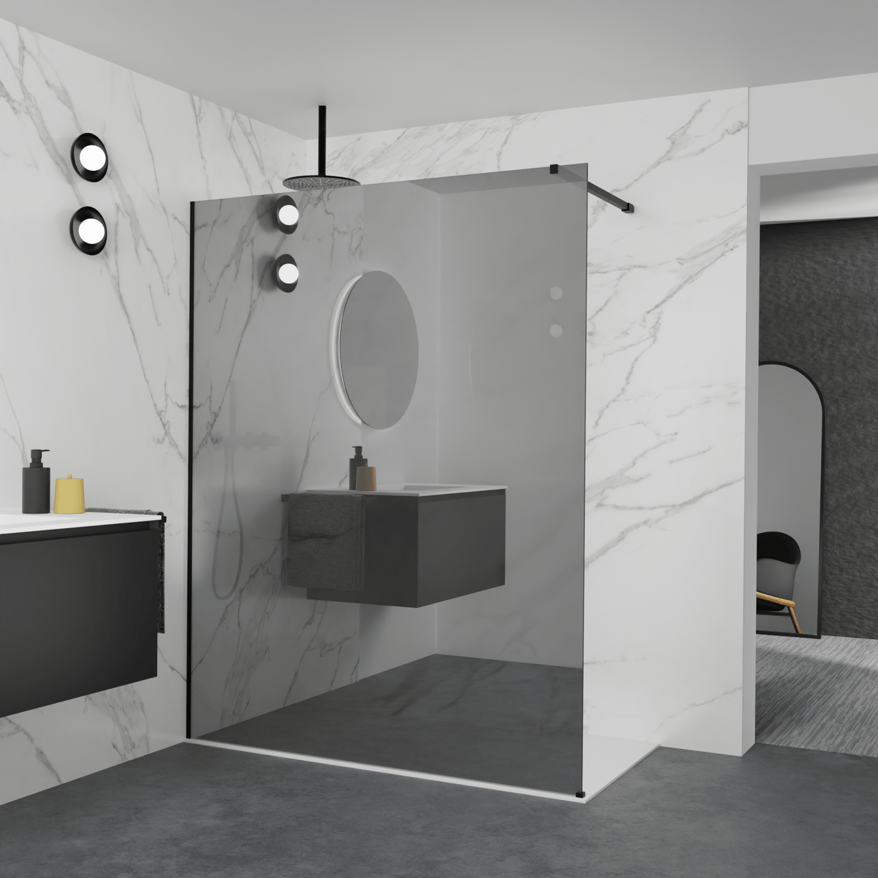 Balmani Modular douche à l'italienne: 160 x 200 cm, Miroir Reflex, avec coating, Profil Noir mat