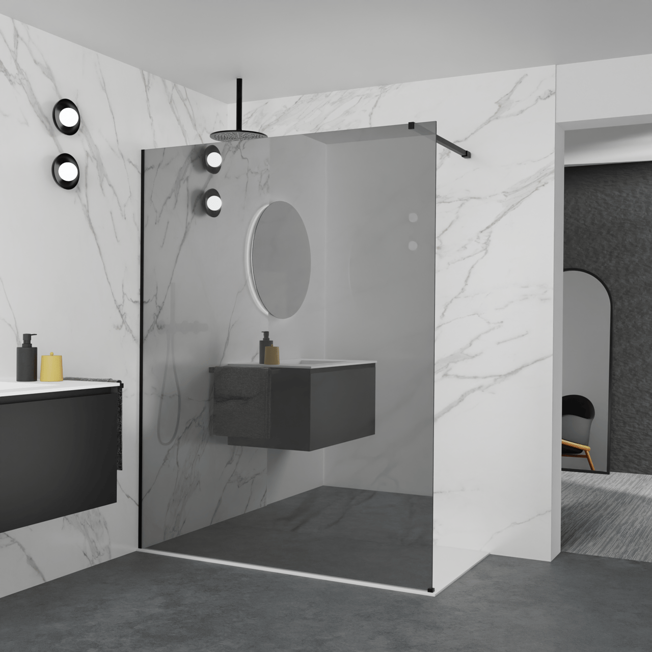 Balmani Modular Walk-In Dusche: 160 x 200 cm, Reflex-Spiegelglas, inklusive Coating, Profil Schwarz matt