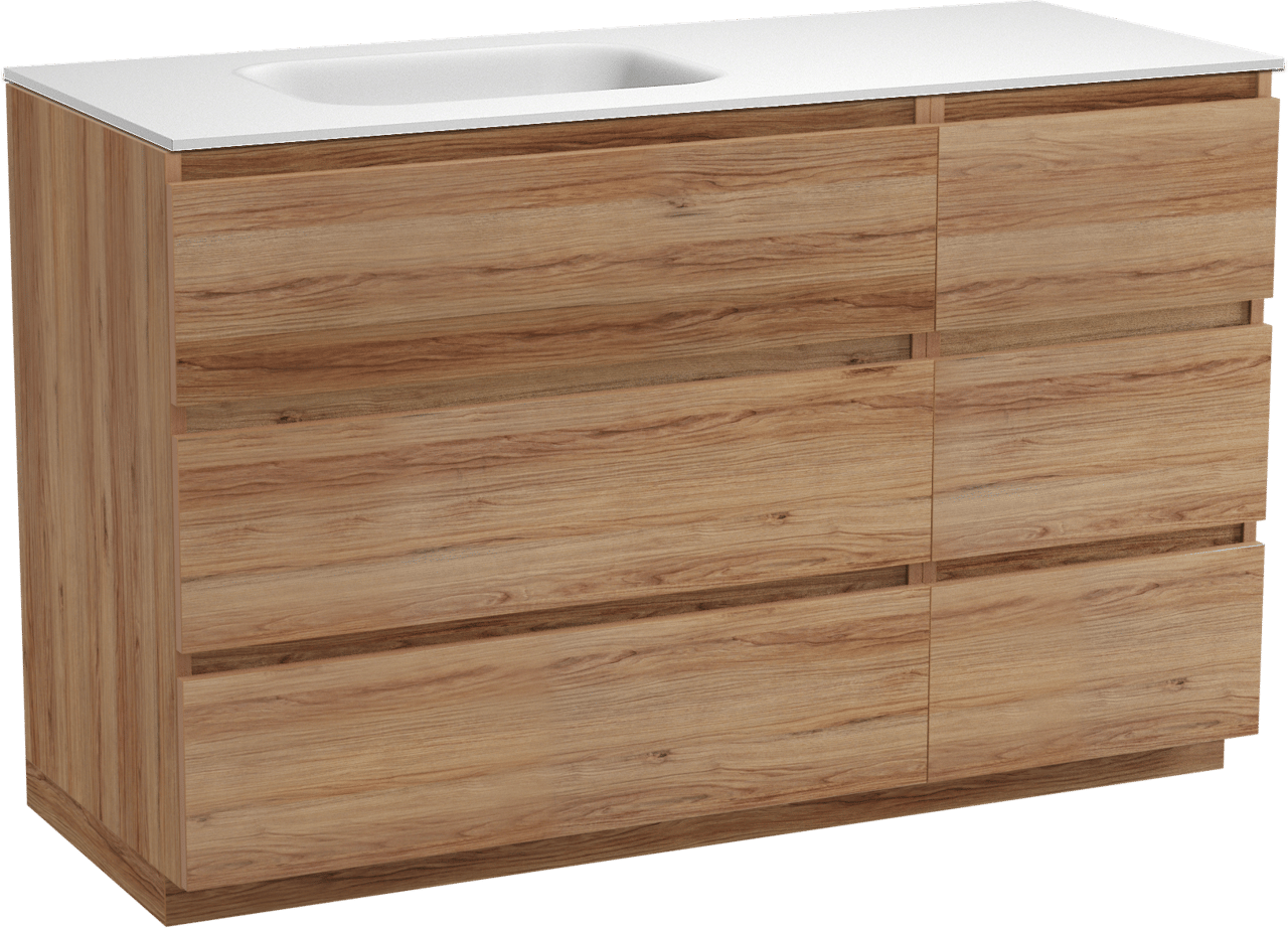 Balmani Lucida freistehendes Möbelstück Set: 135 x 55 cm, Teak, mit Tablo Arcato Waschtisch links, Solid Surface Weiß matt