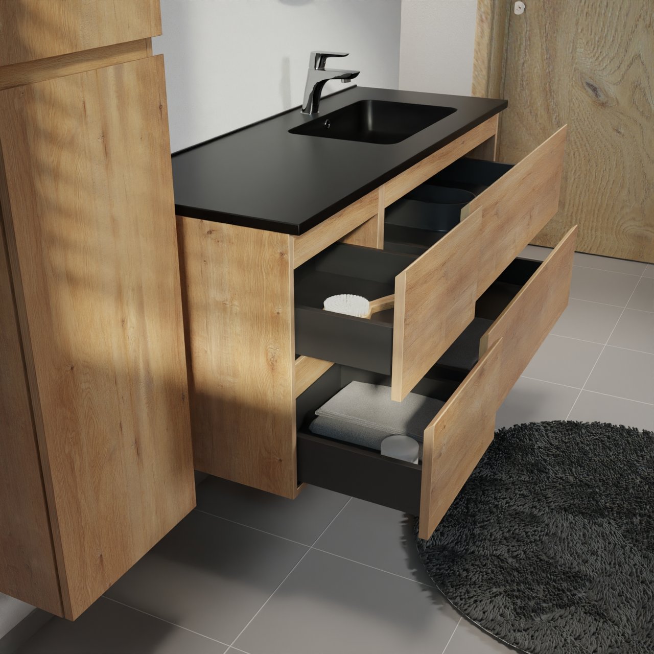 Linie Lado meuble salle de bains suspendu 120 x 46 cm chêne naturel avec Vano vasque asymétrique droite en marbre composite noir mat