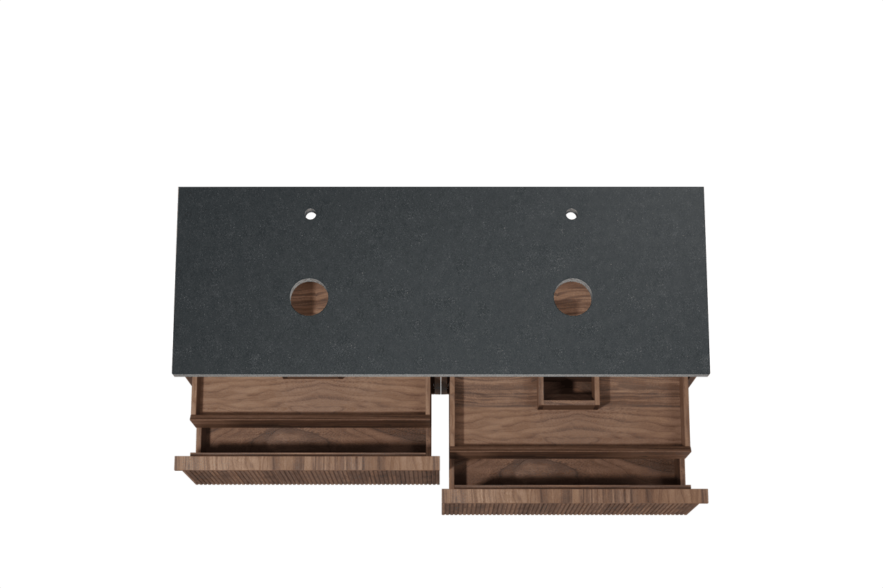 Balmani Forma hängendes Möbelstück Set: 150 x 55 cm, Amerikanischer Nussbaum, mit Rock Doppel Waschtischplatte, Granit, Schwarzes Granit, Vertikale symmetrische gerade Rippe