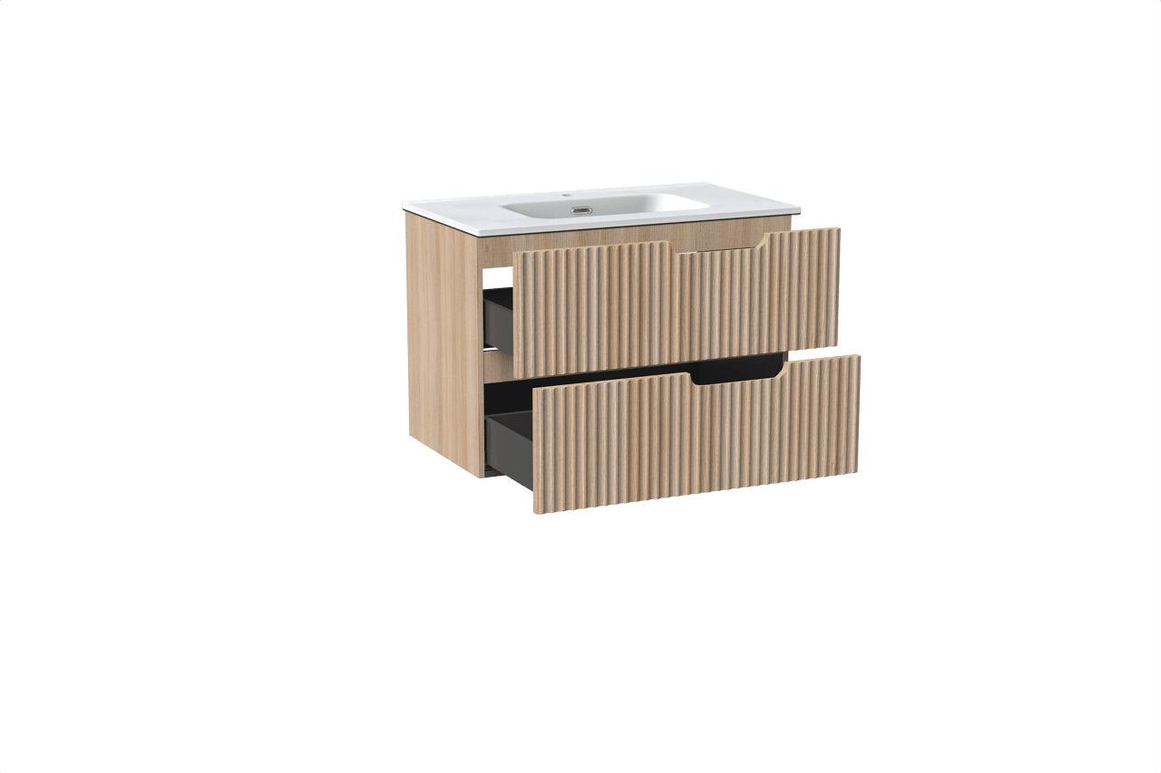 Linie Ribbo zwevend badkamermeubel 80 x 46 cm lichte eik met Baro enkele wastafel in porselein mat wit, Verticale symmetrische ronde ribbel