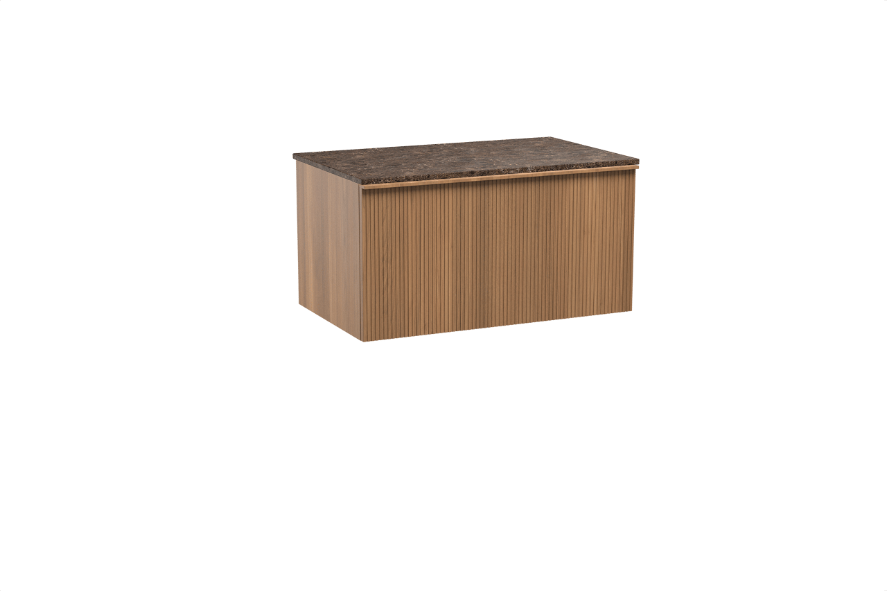 Balmani Forma zwevend badkamermeubel 90 x 55 cm teak met Stretto enkel tablet in marmer dark emperador, Verticale symmetrische rechte ribbel