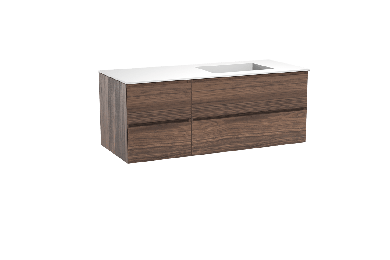 Balmani Mitra meuble salle de bains suspendu 135 x 55 cm noyer avec Tablo Stretto plan vasque asymétrique à droite en solid surface blanc mat