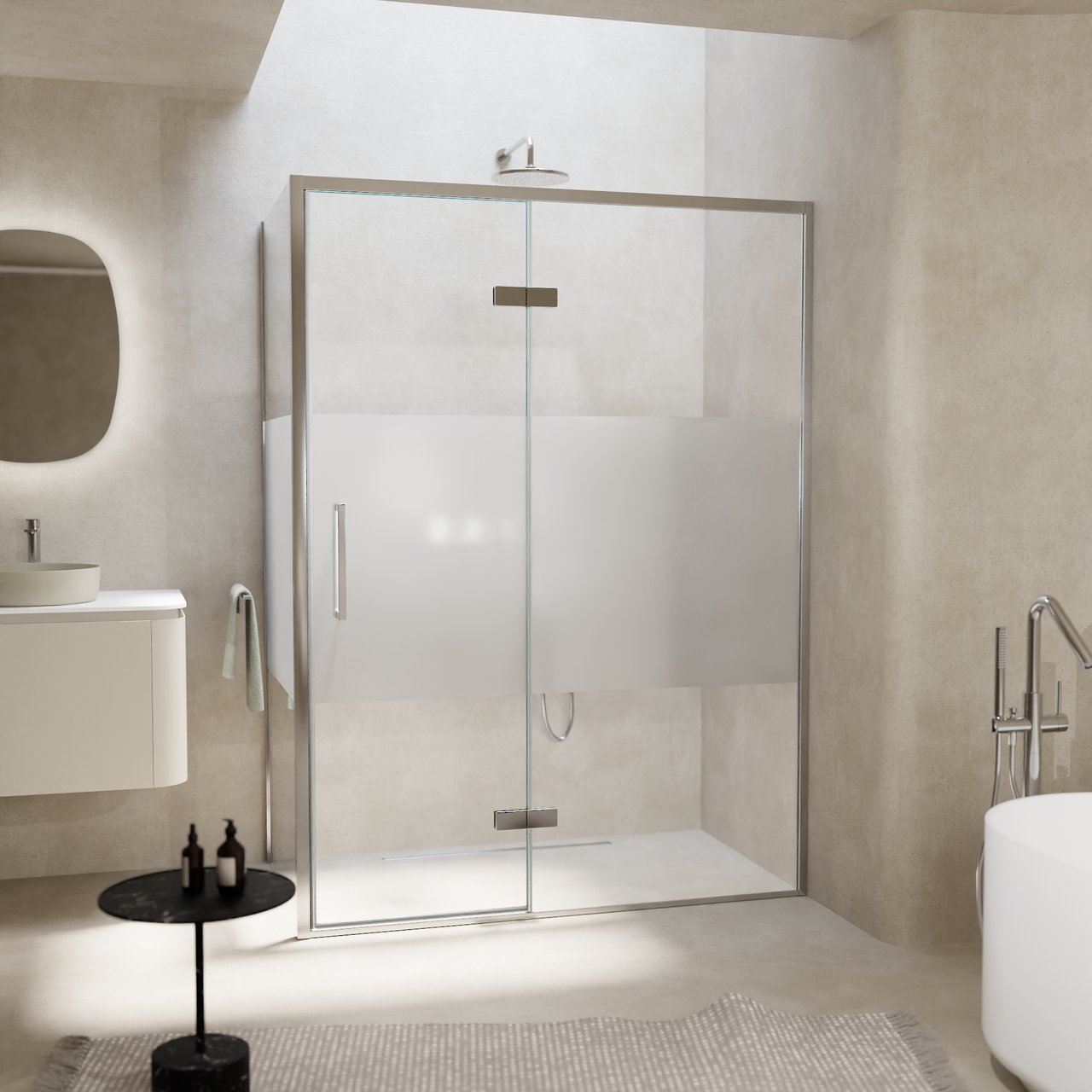 Balmani Senses Design Eckdusche: Drehtür (Rechts) mit fixierte Seitenwand, 140 x 90 cm, Klarglas mit mattiertem Streifen, Profil Chrom