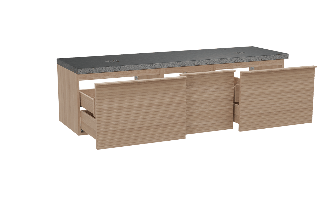 Balmani Forma hängendes Möbelstück Set: 180 x 55 cm, Naturbelassene Eiche, mit Rock Doppel Waschtischplatte, Granit, Schwarzes Granit, Horizontale symmetrische gerade Rippe