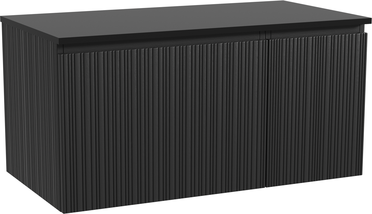 Storke Ribs zwevend badmeubel 100 x 52 cm zwart eiken met Panton enkel wastafelblad in gepoedercoate mdf mat zwart, Verticale asymmetrische rechte ribbel