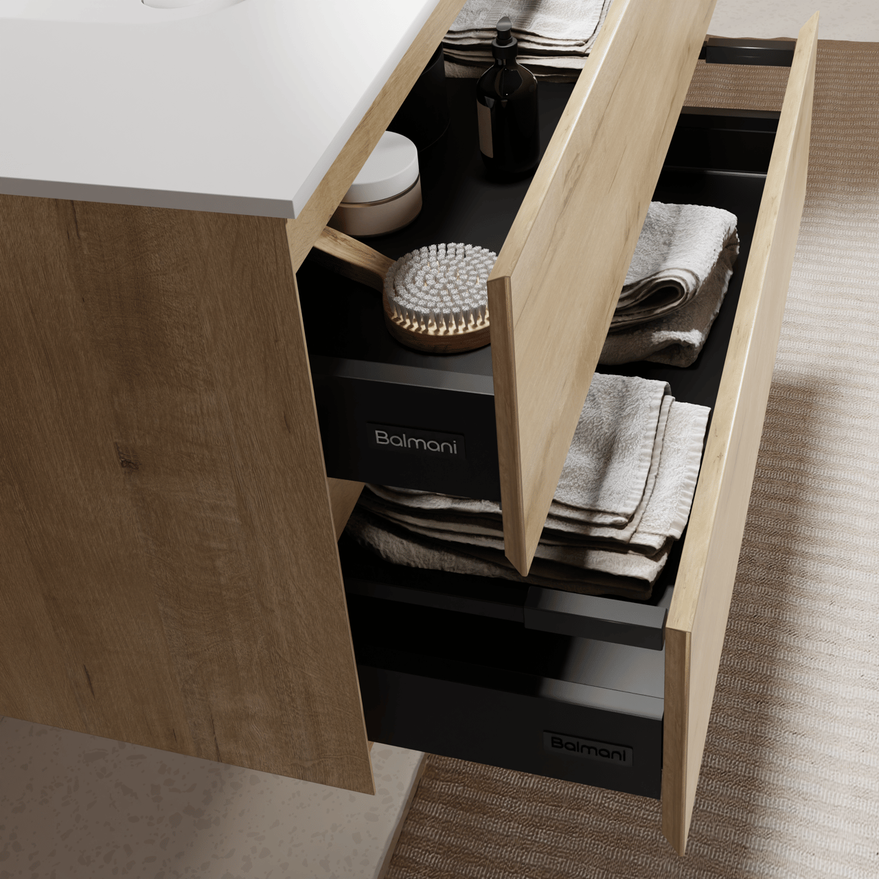 Balmani Mitra meuble salle de bains suspendu 120 x 55 cm chêne brut avec Tablo Arcato lavabo simple pour 2 trous de robinet en solid surface blanc mat