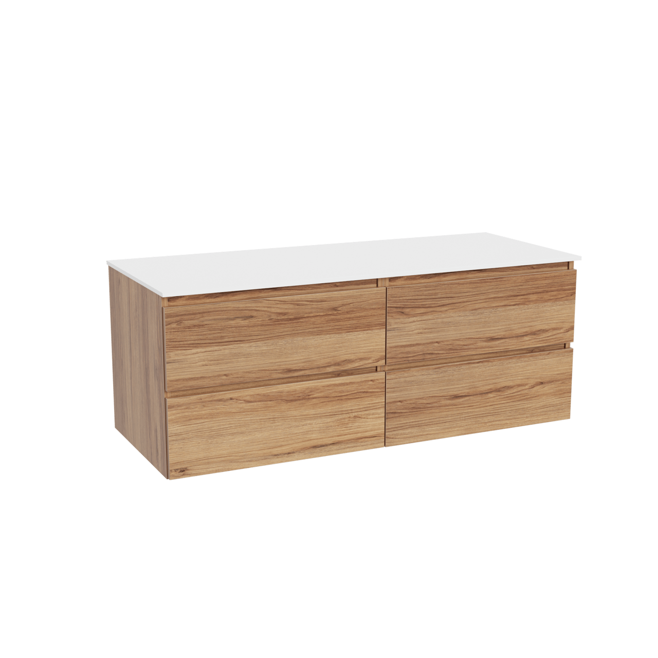 Balmani Lucida hängendes Möbelstück Set: 135 x 55 cm, Teak, mit Stretto Einzel- oder Doppel Waschtischplatte, Solid Surface Weiß matt