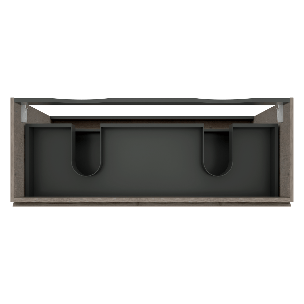 Linie Lado stehender Waschbeckenunterschrank: 120 x 46 cm, graue Eiche, 3 Schubladen, 2 Siphonaussparungen