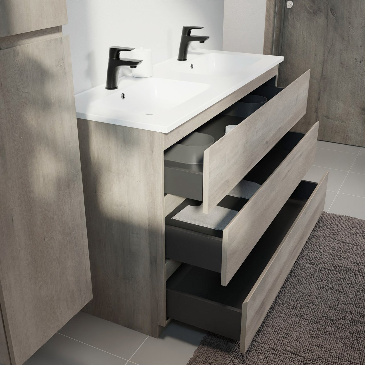 Linie Lado staand badmeubel 120 x 46 cm grijs eiken met Vano dubbele wastafel in composietmarmer mat wit