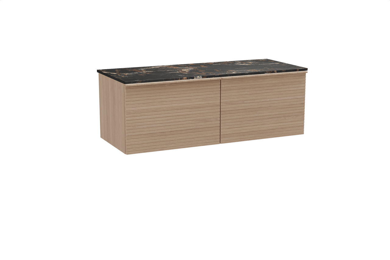 Balmani Forma hängendes Möbelstück Set: 135 x 55 cm, Naturbelassene Eiche, mit Stretto Einzel- oder Doppel Waschtischplatte, Marmor, Portoro Gold, Horizontale symmetrische gerade Rippe