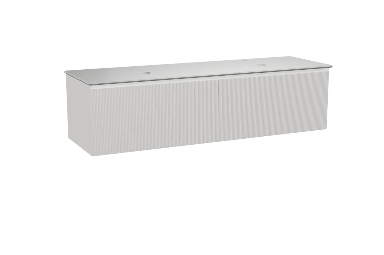 Balmani Fila hängendes Möbelstück Set: 180 x 55 cm, Weiß matt, mit Facetta Doppel Waschtischplatte, Solid Surface, Weiß matt, Vertikale symmetrische gerade Rippe