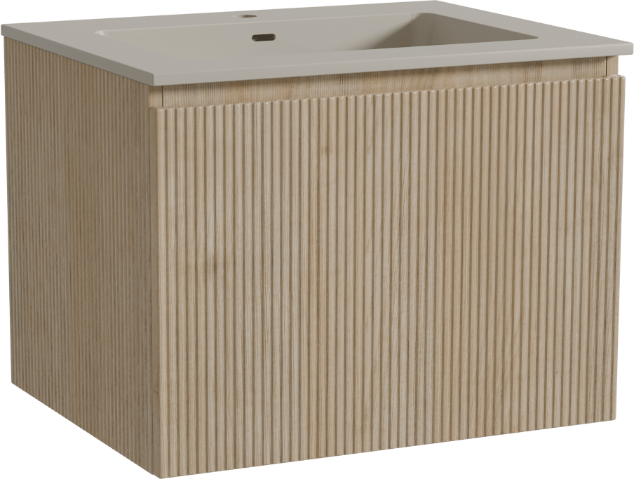 Storke Ribs zwevend badmeubel 65 x 52 cm ruw eiken met Diva enkele wastafel in top solid zijdegrijs, Verticale symmetrische rechte ribbel